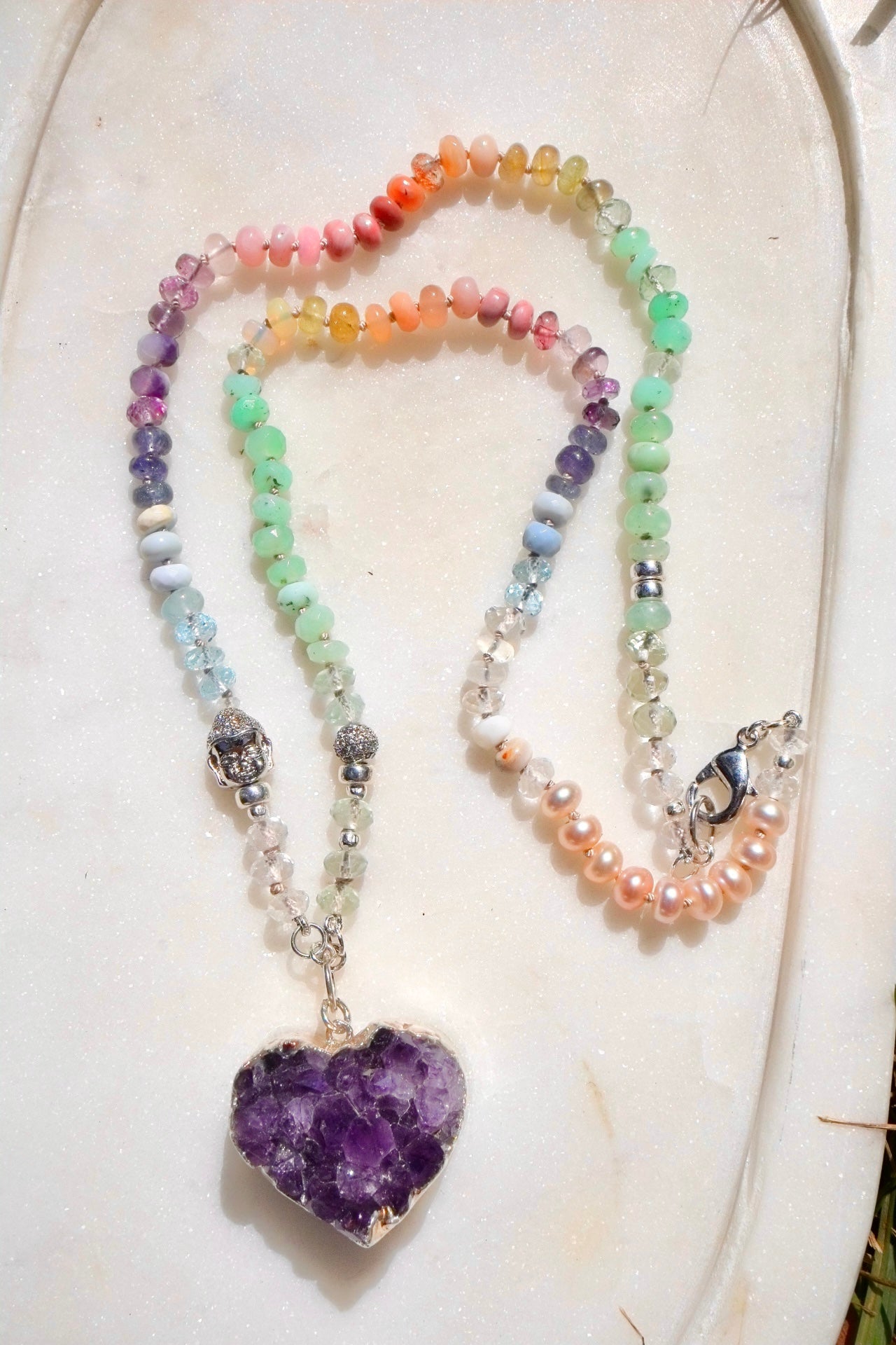 Spring Whispers - Soft Rainbow Gemstone & Amethyst Heart Pendant