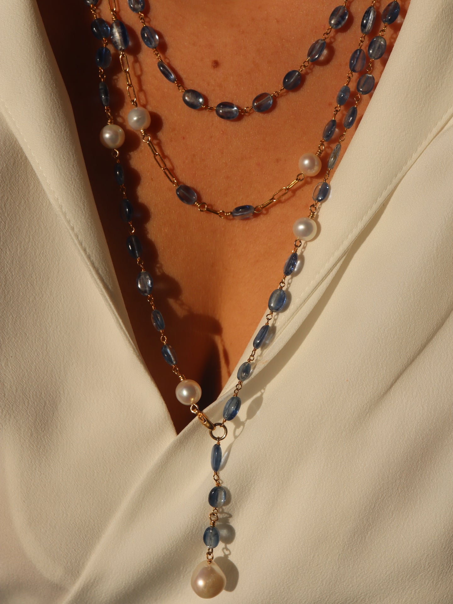 Kyanite & Pearl paperclip chain necklace