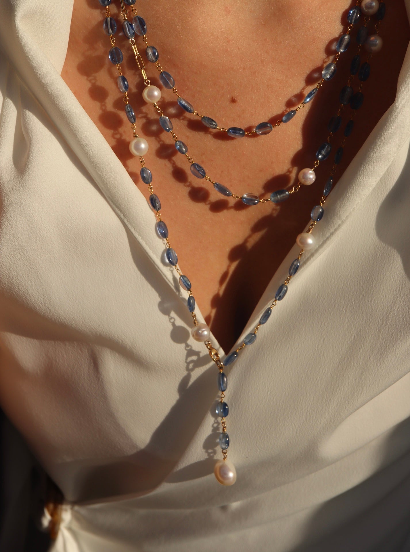 Kyanite & Pearl Charm Layering Necklace