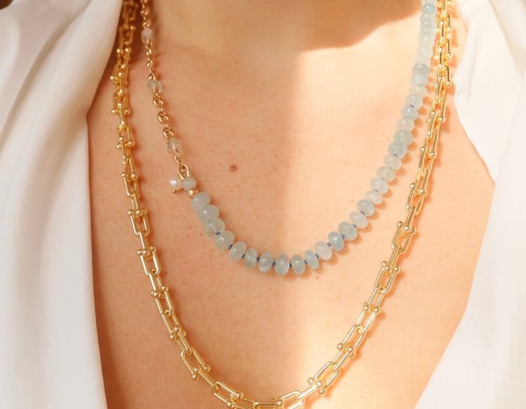 Aquamarine Beaded Pignose Chain Necklace